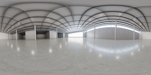 Full spherical hdri panorama 360 degrees of empty exhibition space. backdrop for exhibitions and events. Tile floor. Marketing mock up. 3D render illustration