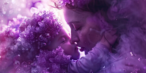Amethyst Affection Macro Background. A tender close-up of a mother embracing her child, with soft purple hues and warm tones, radiating love and affection - obrazy, fototapety, plakaty