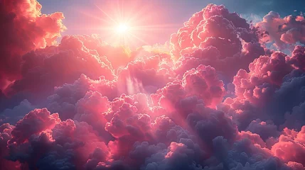 Schilderijen op glas pink sky above clouds, in the style of photorealistic fantasies, light magenta, chromatic landscape, hyper-detailed. Generative AI © Skiffcha