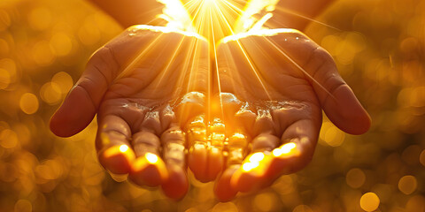 Golden Gratitude Macro Background. A close-up of outstretched hands holding a radiant sun, symbolizing gratitude and appreciation for life's blessings - obrazy, fototapety, plakaty