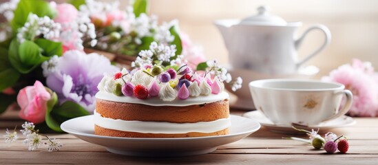 Obraz na płótnie Canvas A traditional Easter cake is placed on a white plate, sitting atop a wooden table. The cake is decorated with festive colors and designs, ready to be enjoyed during the holiday celebration.