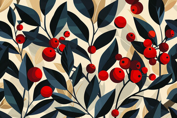 Wrapping paper pattern Vector flat illustration of lush greenery and vibrant red berries, ideal for festive seasons and elegant packaging designs