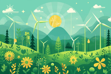 Vector flat illustration of a sustainable energy landscape with wind turbines among vibrant flowers, ideal for eco-friendly wrapping paper pattern. Vector flat illustration.
