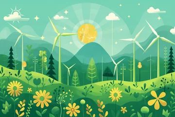 Tuinposter Vector flat illustration of a sustainable energy landscape with wind turbines among vibrant flowers, ideal for eco-friendly wrapping paper pattern. Vector flat illustration. © TEERAPONG