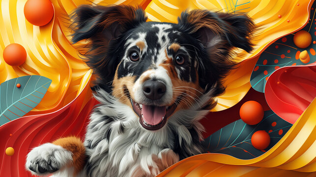Vibrant abstract art with happy australian shepherd dog: joyful pet framed by colorful, flowing patterns for wonder and joy concept