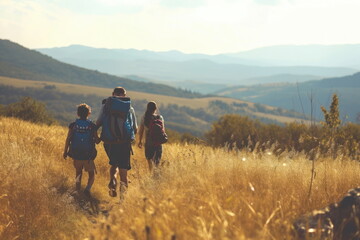 Fototapeta na wymiar family and friends hiking together, vacation trip