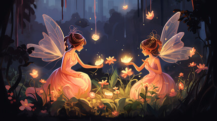 A vector graphic of fairies casting spells in a magical garden.