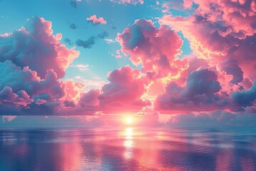 sky background with clouds and sunset, in the style of dark aquamarine and pink, lively coastal landscapes, photo-realistic landscapes. Generative AI