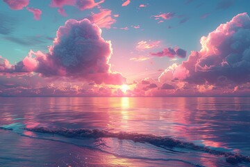 sky background with clouds and sunset, in the style of dark aquamarine and pink, lively coastal landscapes, photo-realistic landscapes. Generative AI