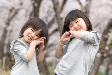 桜並木の公園で遊んでいる姉妹