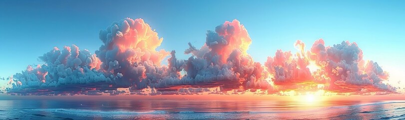 sunset behind clouds, in the style of panoramic scale, light red and azure, photo-realistic landscapes, joyful celebration of nature. Generative AI