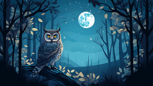 A vector illustration of an owl in a moonlit forest.