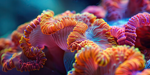 Coral Charm Macro Background. A close-up of vibrant coral reefs, teeming with life and color, showcasing intricate coral formations and marine creatures, evoking wonder and awe