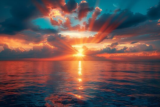 sunset on the ocean with clouds, in the style of light orange and dark azure, stylish, god rays, photorealistic pastiche, delicate, matte photo. Generative AI