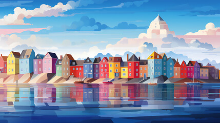 A vector illustration of a coastal town with colorful houses.