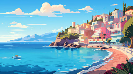 A vector illustration of a coastal town with colorful houses.