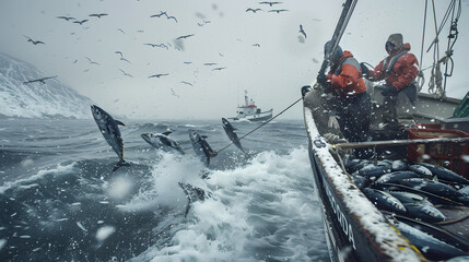Arctic Harvest. Commercial fishing in the frigid waters of the Alaskan region, A group of resilient fishermen braving the cold to haul in a bountiful catch of tuna and snow crab. - obrazy, fototapety, plakaty