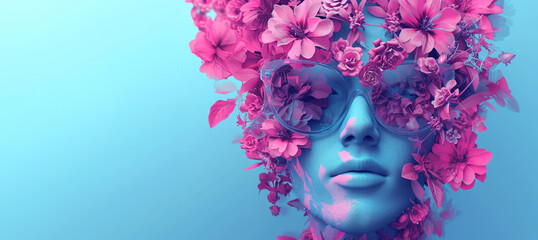 Floral Fantasy, Blue-Tinted Portrait with Blossoms
