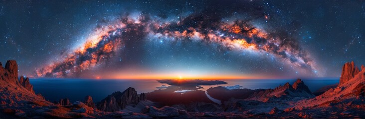 Fototapeta premium the milky is visible above a valley surrounded by trees and mountains, in the style of cosmic, light indigo, light black and dark azure, sunprint. Generative AI