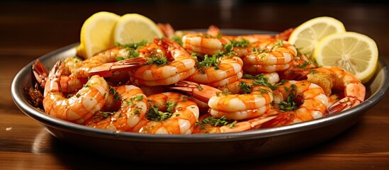 A plate featuring cooked shrimp, garnished with lemon wedges and fresh parsley on a white background. The shrimp are pink and curled, served cold, showing a vibrant presentation of seafood with citrus