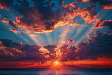 time lapse of sunrise over a sky and clouds, in the style of color photography pioneer, photo-realistic landscapes, god rays, orange and azure. Generative Ai - obrazy, fototapety, plakaty