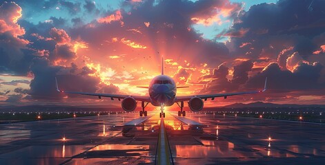 a airplane landing on the runway at sunset, in the style of photorealistic, light sky-blue, eye-catching, modern. Generative AI