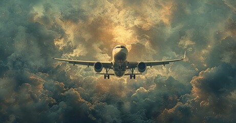 Naklejka premium a flying airplane in the sky, in the style of light sky-blue and dark green, poster, spatial, travel. Generative AI