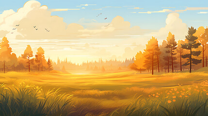 A vector illustration of a meadow bathed in golden sunlight.
