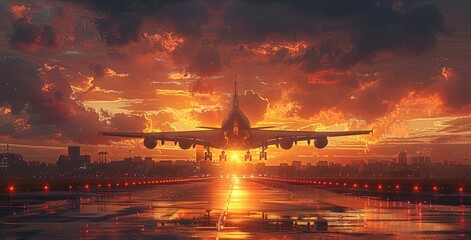 a airplane landing on the runway at sunset, in the style of photorealistic, light sky-blue, eye-catching, modern. Generative A