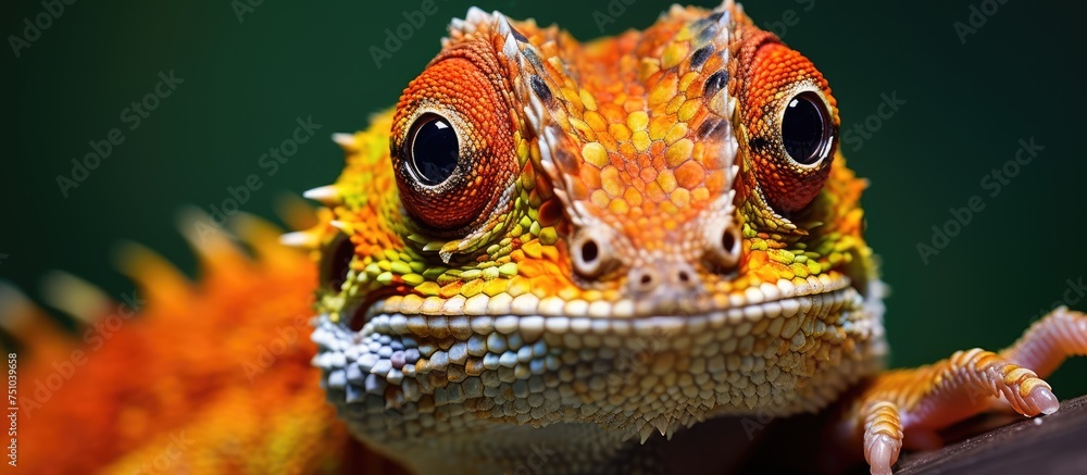 Poster a close-up view of a lizard perched on a branch, showcasing its intricate skin texture and sharp cla