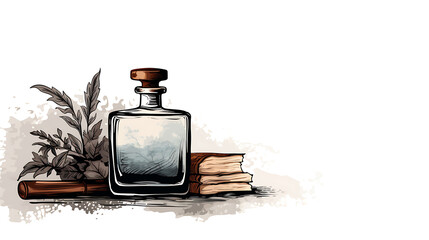 A vector illustration of a quill pen and ink bottle.