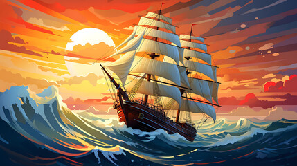 A vector illustration of a sailing ship on a stormy sea. - obrazy, fototapety, plakaty