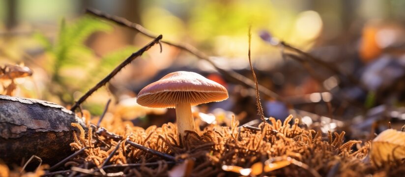 A macro top view of a small brown mushroom Armillaria mellea growing on the ground in a forest. The mushroom is surrounded by dry autumn foliage under the sun.