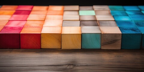 Colored wooden blocks aligned on an old rustic wooden table. Wide format with plenty of copy space for cover, header usage. Yellow orange to red and purple colors.