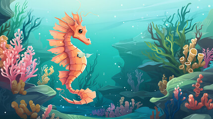 Fototapeta na wymiar A vector illustration of a seahorse in a coral reef.