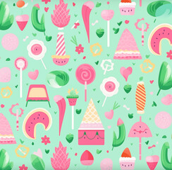 Fototapeta na wymiar wrapping paper pattern Vector flat illustration, filled with colorful treats and summer vibes, perfect for seasonal gifts and bright decorations.