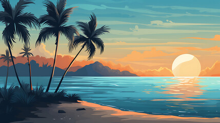 Fototapeta na wymiar A vector illustration of a serene beach with palm trees.