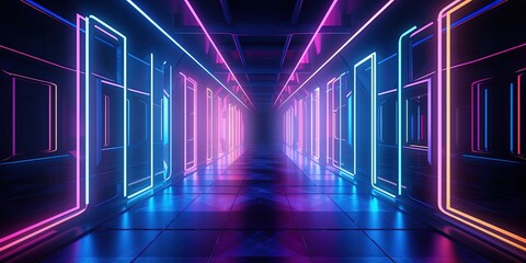 High-tech corridor with dynamic pink and blue neon lights, evoking a sense of motion