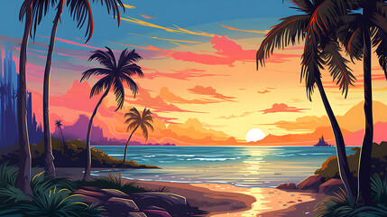 A vector illustration of a serene beach with palm trees.