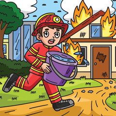 Firefighter with Water Bucket Colored Cartoon 