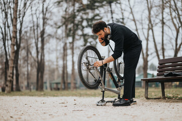 A professional businessman in casual attire taking a break to fix his bicycle in a serene park...