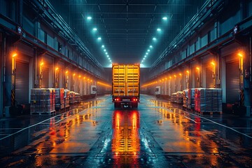 a truck is parked in storage space at night, in the style of light-filled compositions, transportcore. Generative AI