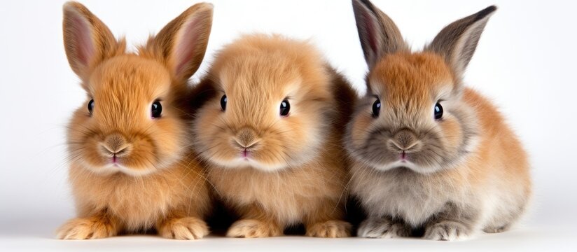 Three fluffy baby rabbits are sitting closely next to each other on a white background, showcasing their adorable features and fluffy fur. They appear calm and content, creating a heartwarming scene.