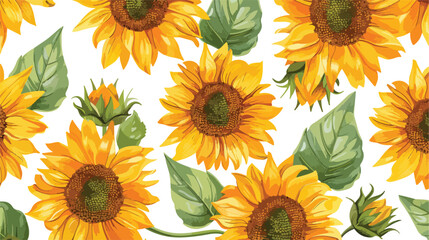 Floral pattern of sunflowers blooming on white backg