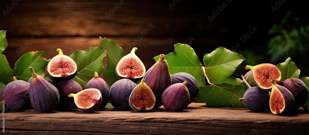 Poster a group of ripe fig fruits sit neatly arranged on a rustic wooden table, creating a visually appeali