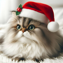 Portrait Photo of Funny Serious White & Grey Pet Cat Kitten Animal with Blue Green Eyes, Small Red Christmas Santa Claus Holly Hat, Fluffy Rug Carpet, Waiting Gift Box. Copy Space & Blurred Background