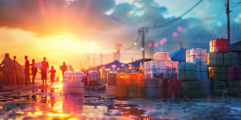 Humanitarian aid distribution background. Visualization of aid delivery to disaster-affected areas, refugee camps, and impoverished communities. Humanitarian assistance concept