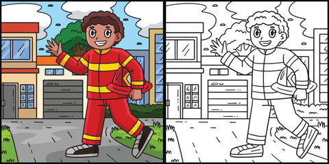 Firefighter Holding Hard Hat Coloring Illustration
