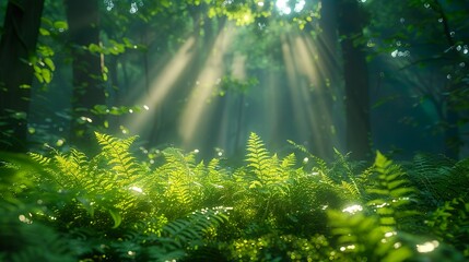 Sunbeams in the forest with green vegetation.