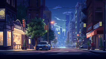 A vector image of a bustling city street at night. - obrazy, fototapety, plakaty
